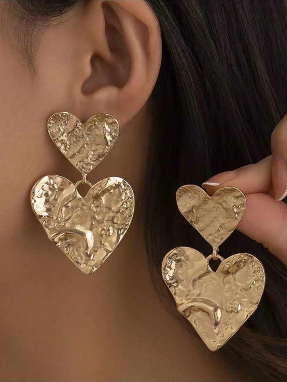 Gold Double Heart Drop Earrings
